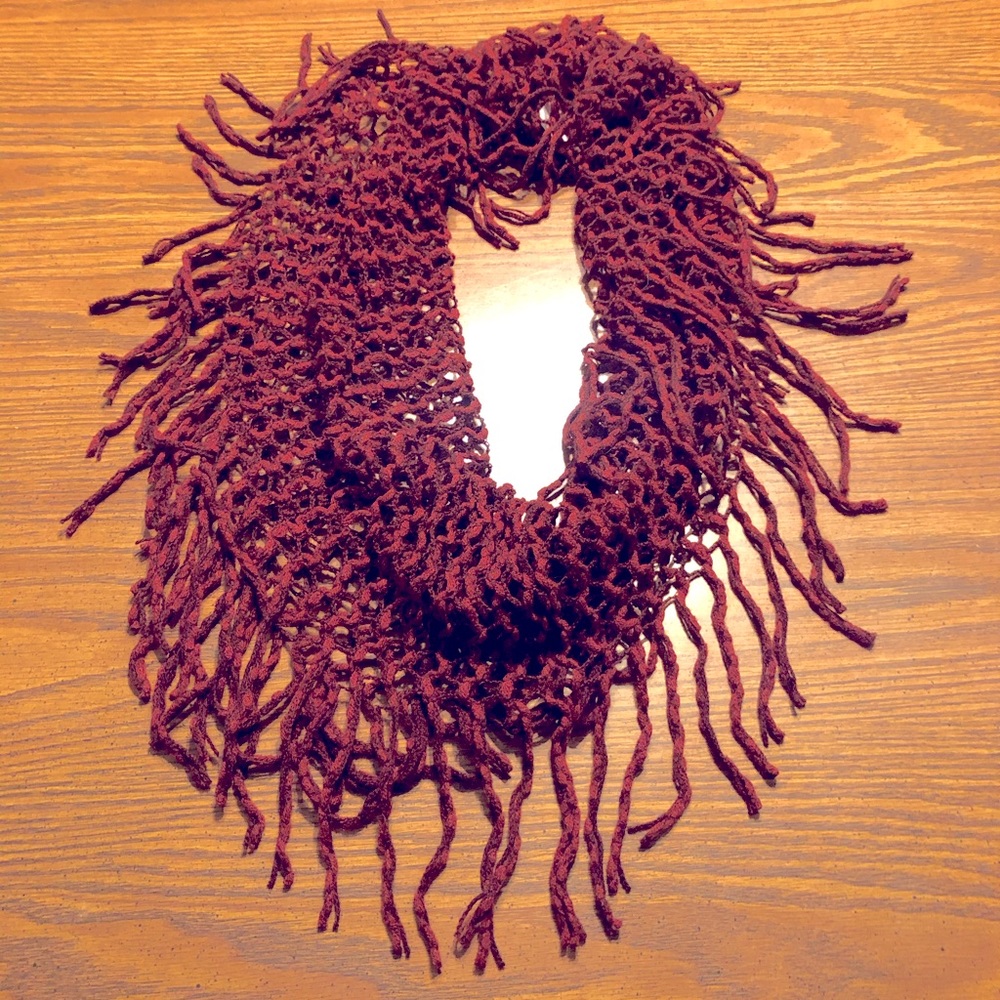 Dark Red Knit Infinity Scarf with Fringe